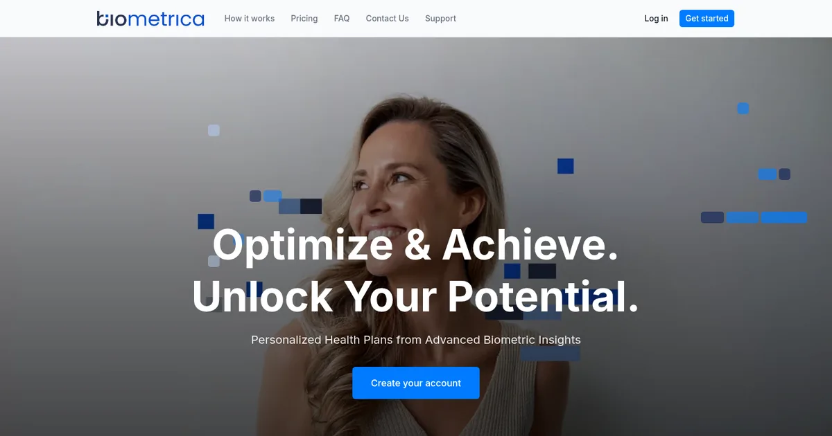 The biometrica.co.za home page: Optimize & Achieve. Unlock Your Potential.